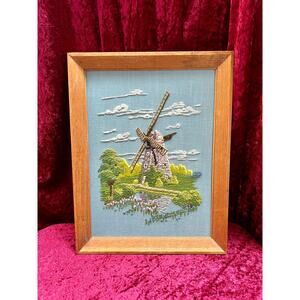Vintage Wall Decor  Framed Embroidery Art Southampton Petticoat Windmill Crewel
